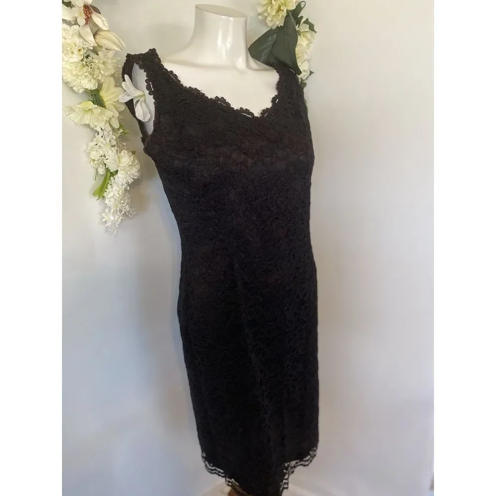 Vintage 1980's Expo Nite Black Lace Sexy Midi Sheath‎ Dress Size 12 Pin Up EUC